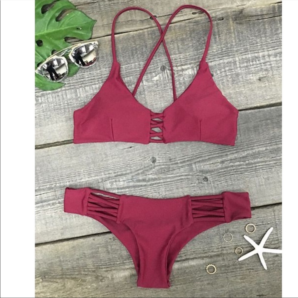 Cupshe Burgundy Lace Up Bikini with Cutout Detailing Size M NWOT